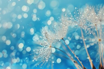 Fototapeta premium Nature macro of dew drops on wheat ear in pastel light blue.