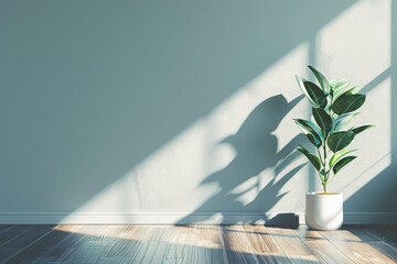 With a dark gray wall and wooden floor, and a potted plant with interesting light glare. This is an AI generated presentation background.