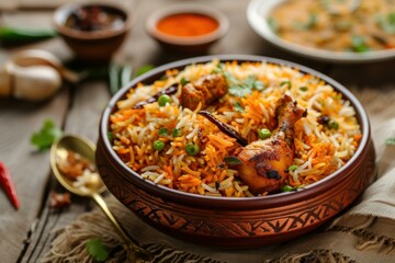 Colorful Biryani rice. Meal spicy traditional. Generate AI
