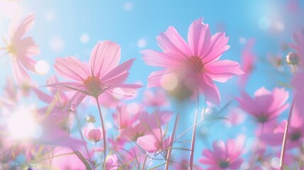 Cosmos flowers in pink against blue skies in nature close-up.