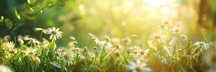 Daisies bloom in a yellow summer field in a banner panorama.