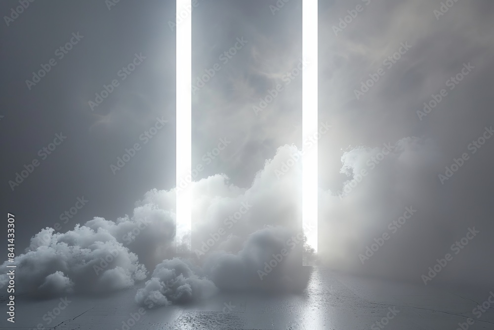 Poster an illuminated room with trailing smoke and illuminated columns. an ai generated presentation.