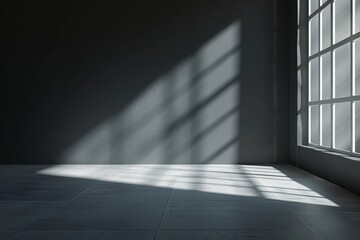 An elegant black wall and smooth floor with shadows cast by windows and sun glare serve as a versatile background for showcasing your products.