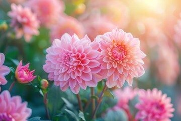 Dahlia flowers in nature close-up on green background. Artificial intelligence generated.