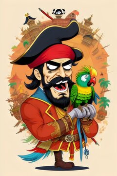 a detailed cartoon illustration of a pirate, man, swashbuckler, eyepatch, hook, beard, parrot, hat, bandana, sword, treasure, ship, buccaneer, sea, skull, crossbones, adventurous, fierce, nautical