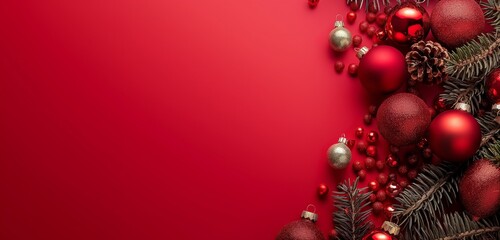 Merry Christmas written on the background with the Christmas tree and decorative Christmas material with text empty copy space isolated against the red background with decoration on the side border  