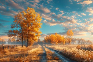 Fototapeta premium This is a beautiful image of an autumn landscape with a blue sky, beautiful trees with red and orange foliage, and a road. It has been generated by artificial intelligence.