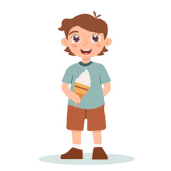 Happy boy holding ice cream. Hand drawn vector illustration.