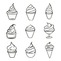 Hand drawn doodle set with different types of ice cream. Sketch style vector illustration for cafe menu, decoration, birthday card.