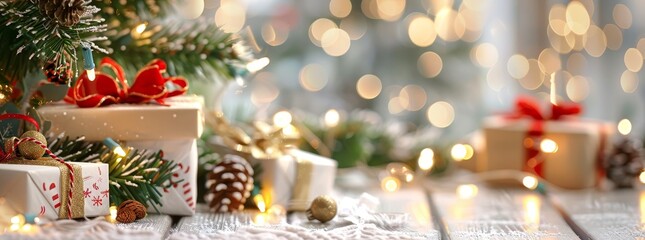 The Christmas tree and gifts appear as gift banners on this festive Christmas background.