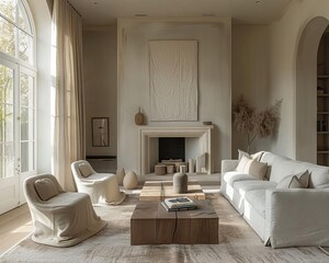 Chic minimalist living room designed with clean lines and a palette of soft neutrals, accented by tasteful decor and ample natural light, embodying modern simplicity and elegance