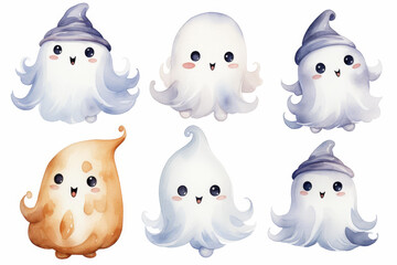Obraz premium Adorable collection of cute and spooky ghost watercolor illustrations for a beautiful face.