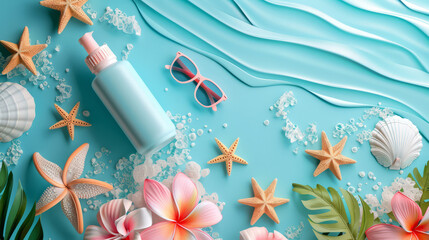 Beach scene with UV protection items, including sunscreen, sunglasses, starfish and tropical flowers on blue background
