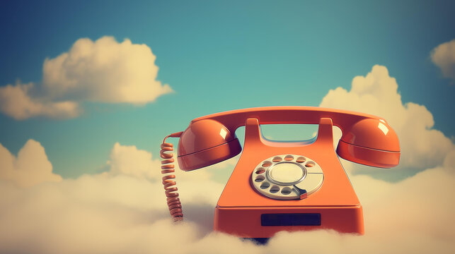 Vintage telephone with speech bubble on a cloud background, retro theme for design projects.