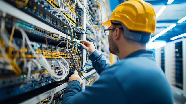 a of a technical support specialist providing on-site assistance, checking network cables and servers in a server room, Technical Support, Specialist, IT, Teamwork,