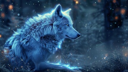 Magical wolf with glowing fur in a galactic forest. Generative AI.