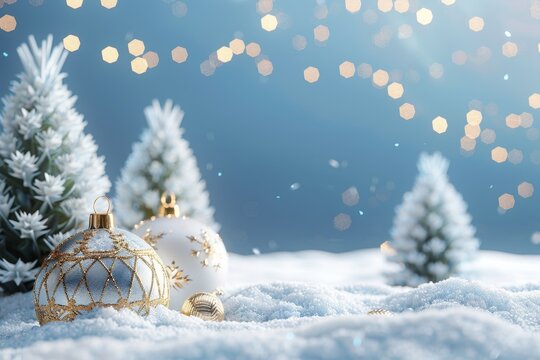 AI-generated Christmas decoration with a ball and fir trees. - Powered by Adobe