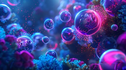Detailed 3D molecular scene, neon-lit nanoparticle bubbles, drug targeting at a microscopic level, vibrant palette