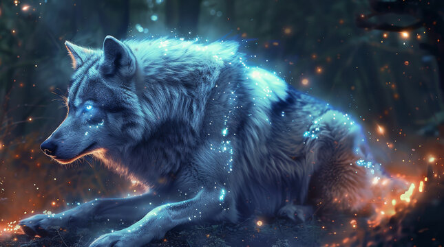 Magical wolf with glowing fur in a galactic forest. Generative AI.