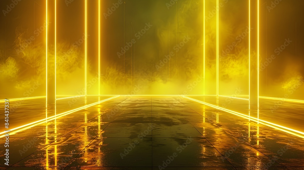 Wall mural glowing neon light patterns on dark background for dynamic product presentations