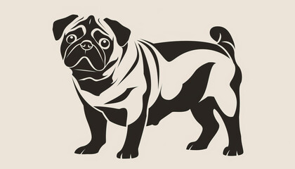 Fototapeta premium Simple clear black and white 2D flat linocut block print style illustration of pug isolated on white background