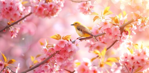 Fototapeta premium Pink sakura flowers and a bird are set against a bright natural background in this beautiful spring photo.