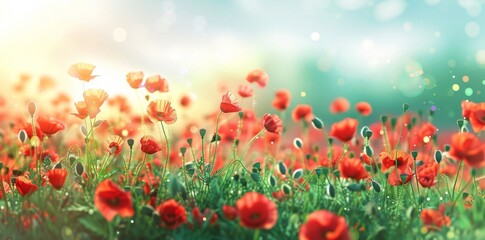Fototapeta premium The background of this image is a beautiful spring summer bright natural background with colorful poppy flowers close up.