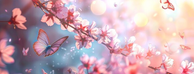 Spring blossoming cherry trees with fluttering butterflies and blue sky, dreamy romantic image of spring nature with pink sakura flowers.