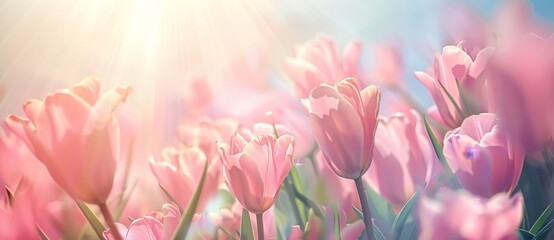 Obraz premium An exquisite spring background with pink tulip flowers.