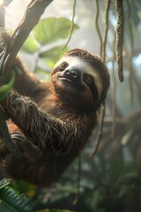 Fototapeta premium A Curious Sloth Hanging in a Dimly Lit and Foggy Space with Serene Movements and Captivating Atmosphere