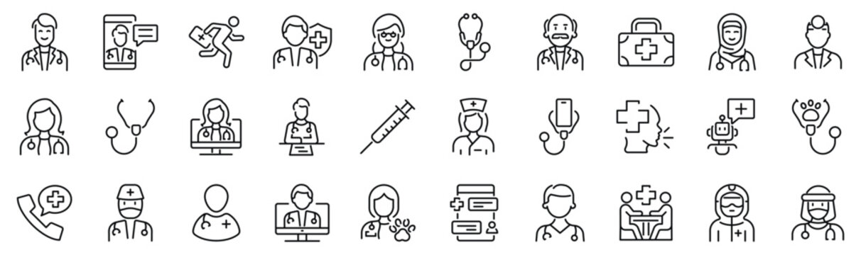 Set of 30 outline icons related to doctor. Linear icon collection. Editable stroke. Vector illustration