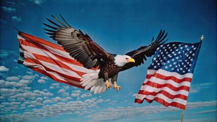 Bald eagle with American flag backdrop
