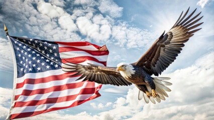 Bald eagle with American flag backdrop