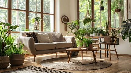 Fototapeta premium white and brown color interior design with abstract wall and sofa background with green plants with the mirror in the background of the interior 