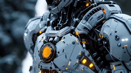 Fototapeta premium Alien-Inspired Biomechanical Exosuit with Adaptive Joint Systems and Glowing Nanotech Embellishments