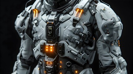 Fototapeta premium Alien-inspired Biomechanical Exosuit with Adaptive Joints and Glowing Nanotech Embellishments