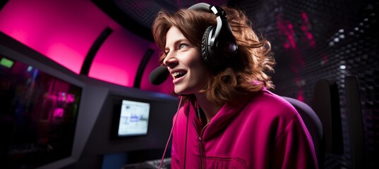 Professional voiceover artist prepares in soundproof studio for precise dubbing recording