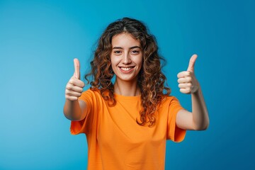 The photo shows a cheerful young girl wearing an orange shirt with a symbol on it, isolated on a blue background.