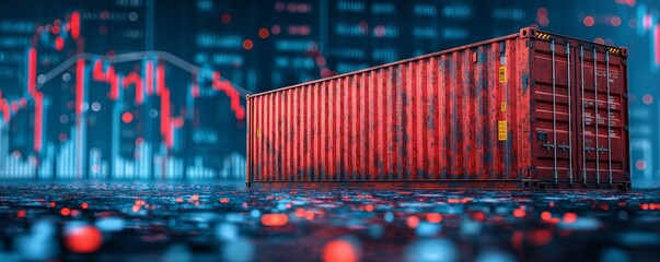 Red shipping container on reflective surface