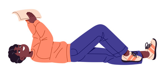 Happy black boy lying, holds papers above. Student relaxes with book pages in hands. Teenager reading sheets, learning school literature, studies. Flat isolated vector illustration on white background