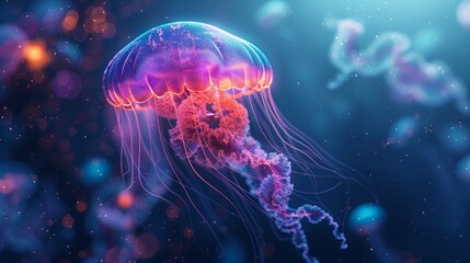 Fototapeta premium Vibrant Glowing Jellyfish Swimming in Deep Blue Ocean with Bioluminescent Tentacles, Marine Wildlife, and Dreamy Underwater Light