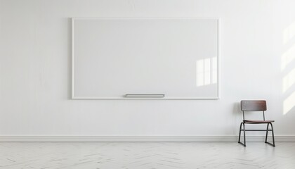 Minimalist classroom scene with a whiteboard on a white wall and a single chair, perfect for educational and business presentations.