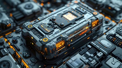Fototapeta premium Compact and Efficient High-Tech Battery Pack with Advanced Thermal Management and Interactive Digital Interface