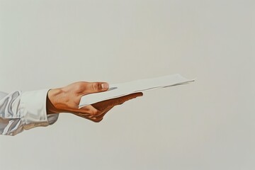 A hand reaching out with a paper or document, against a plain background. Concept of delivery, presentation, or transaction.