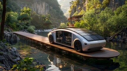 A futuristic car is floating on a wooden bridge over a river