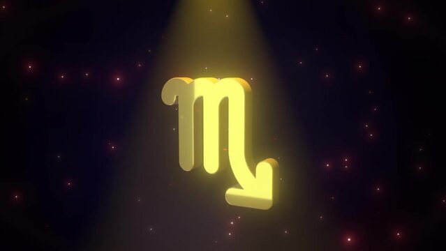 Animated scorpio sign 3d icon. Symbol of scorpio with arrow animation rotating. Astrological sign. Spotlight symbol on black background particle glowing. HD video with alpha channel. Motion graphic