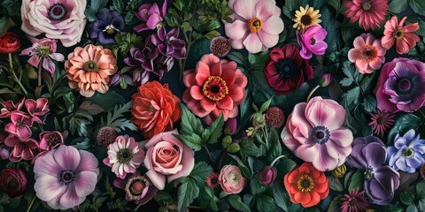 A variety of flowers are depicted in the image. The flowers are mostly pink, purple, and red. Some of the flowers are closed buds, while others are fully open. The background is dark green.