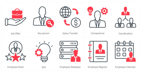 A set of 10 mix icons as job offer, key person, salary transfer