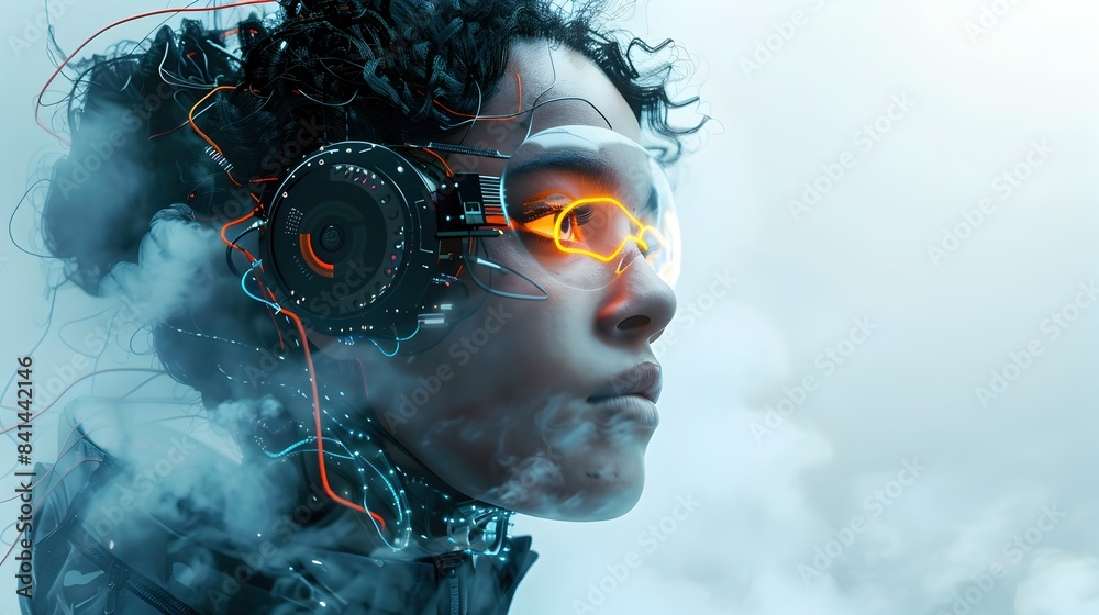 Sticker cybernetic female cyborg portrait with neon lights,wires,and misty backdrop