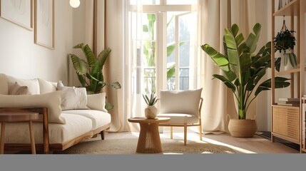 white and brown color interior design with abstract wall and sofa background with green plants with the mirror in the background of the interior 